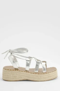Sandals*boohoo Metallic Wrap Around Tie Leg Flatform Sandal silver