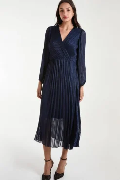 Wrap Dresses|Midi Dresses*Blue Vanilla Metallic Wrap Front Plisse Midi Dress Navy