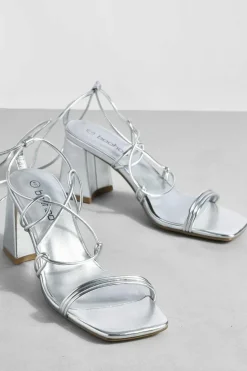 Heels*boohoo Mid Block Wrap Up Strappy Heels silver