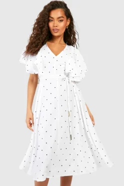 Midi Dresses*boohoo Midi Polka Dot Ruffle Angel Sleeve Midi Dress ivory