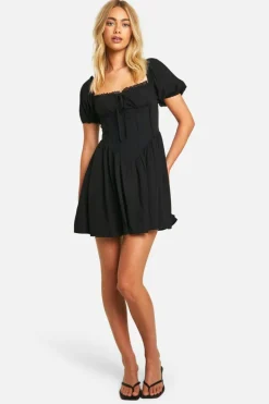 Smock Dresses*boohoo Milkmaid Puff Sleeve Smock Dress black