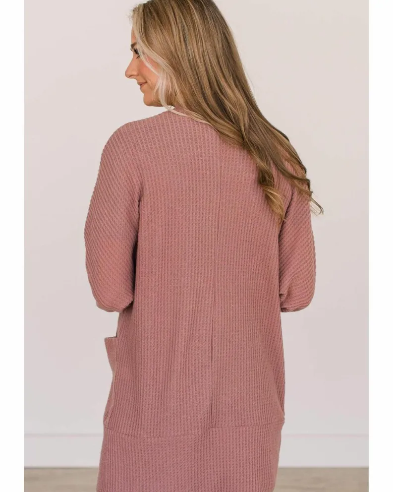 Cardigans*Azura Exchange Mineral Red Solid Color Waffle Knit Cardigan with Pocket Multi