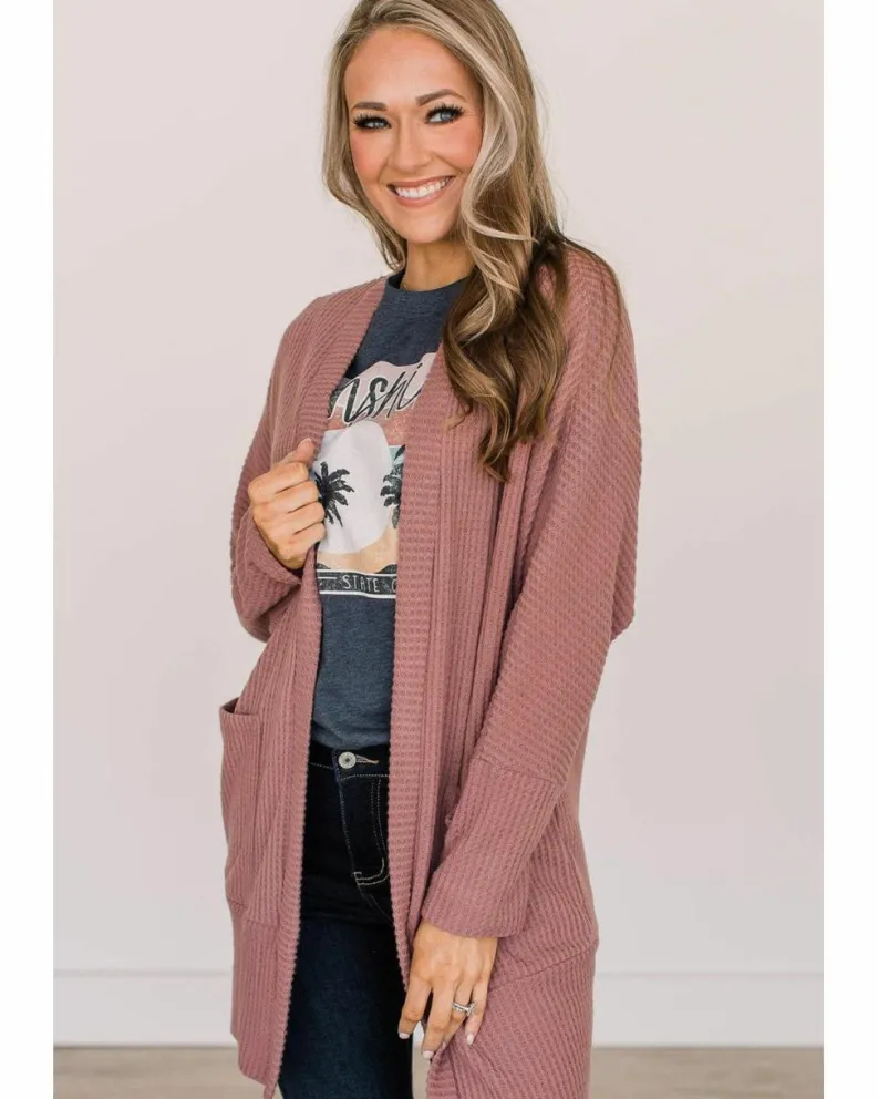 Cardigans*Azura Exchange Mineral Red Solid Color Waffle Knit Cardigan with Pocket Multi