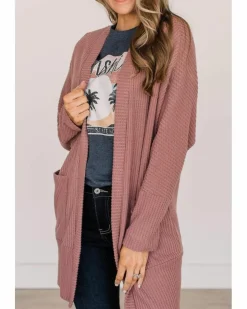Cardigans*Azura Exchange Mineral Red Solid Color Waffle Knit Cardigan with Pocket Multi