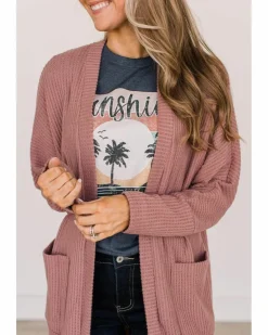 Cardigans*Azura Exchange Mineral Red Solid Color Waffle Knit Cardigan with Pocket Multi