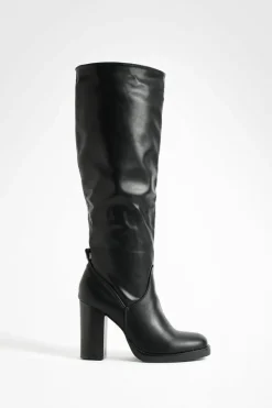 Over The Knee Boots|Knee High Boots*boohoo Mini Platform Stack Heel Knee High Boots black
