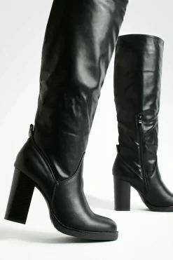 Over The Knee Boots|Knee High Boots*boohoo Mini Platform Stack Heel Knee High Boots black