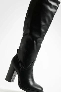 Over The Knee Boots|Knee High Boots*boohoo Mini Platform Stack Heel Knee High Boots black