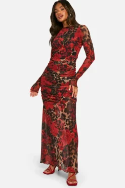 Maxi Dresses|Long Sleeve Dresses*boohoo Mixed Ruched Mesh Maxi Dress leopard
