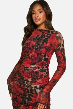 Maxi Dresses|Long Sleeve Dresses*boohoo Mixed Ruched Mesh Maxi Dress leopard