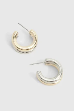 Earrings*boohoo Mixed Metal Double Huggie Hoop Earrings gold