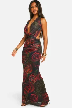 Maxi Dresses*boohoo Mixed Print Plunge Ruched Bum Maxi Dress leopard