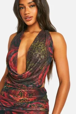 Maxi Dresses*boohoo Mixed Print Plunge Ruched Bum Maxi Dress leopard