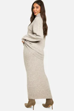 Knitted Co-Ords*boohoo Mixed Rib Detail Oversized Roll Neck Jumper And Maxi Skirt stone