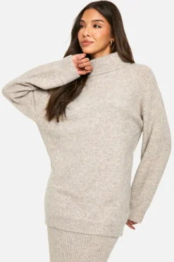 Oversized Jumpers*boohoo Mixed Rib Detail Oversized Roll Neck Jumper stone