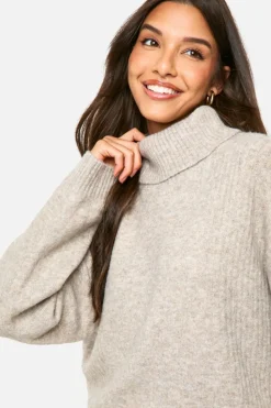 Oversized Jumpers*boohoo Mixed Rib Detail Oversized Roll Neck Jumper stone