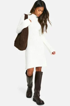 Jumper Dresses|Jumper Dresses*boohoo Mixed Rib Flared Sleeve Knitted Mini Dress cream