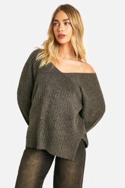 Oversized Jumpers|Jumpers*boohoo Mixed Rib Longline Jumper chocolate