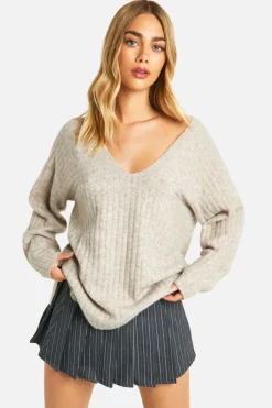 Oversized Jumpers|Jumpers*boohoo Mixed Rib Longline Jumper stone