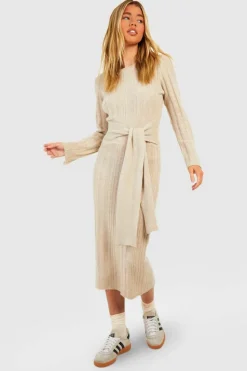 Jumper Dresses|Jumper Dresses*boohoo Mixed Rib Soft Knit Belted Jumper Dress camel