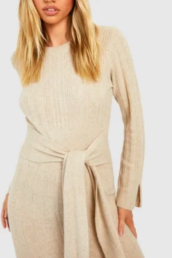 Jumper Dresses|Jumper Dresses*boohoo Mixed Rib Soft Knit Belted Jumper Dress camel