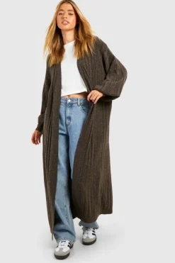 Cardigans*boohoo Mixed Rib Soft Knit Maxi Cardigan chocolate
