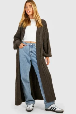 Cardigans*boohoo Mixed Rib Soft Knit Maxi Cardigan chocolate