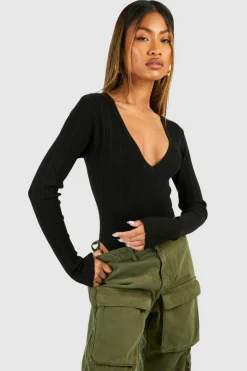 Knitted Tops*boohoo Mixed Rib V Neck Knitted Bodysuit black