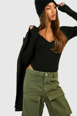 Knitted Tops*boohoo Mixed Rib V Neck Knitted Bodysuit black