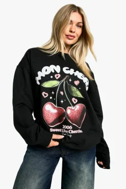 Sweatshirts|Hoodies & Sweatshirts*boohoo Mon Cheri Slogan Oversized Crew Neck Sweatshirt black