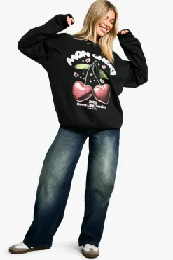 Sweatshirts|Hoodies & Sweatshirts*boohoo Mon Cheri Slogan Oversized Crew Neck Sweatshirt black