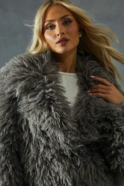 Heels|Faux Fur Coats*MissPap Mongolian Collared Faux Fur Coat grey