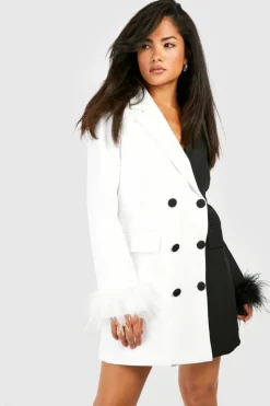 Blazer Dresses|Mini Dresses*boohoo Mono Double Breasted Feather Trim Blazer Dress black