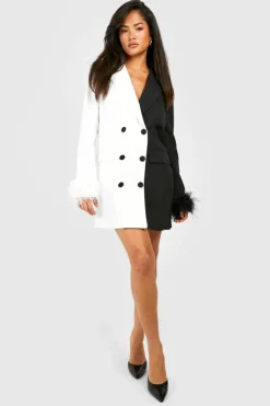 Blazer Dresses|Mini Dresses*boohoo Mono Double Breasted Feather Trim Blazer Dress black