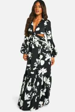 Skater Dresses|Maxi Dresses*boohoo Mono Floral Cut Out Maxi Dress black