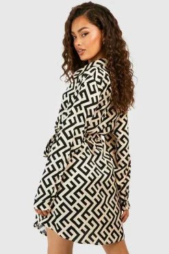 Shirt Dresses*boohoo Mono Printed Tie Waist Shirt Dress black