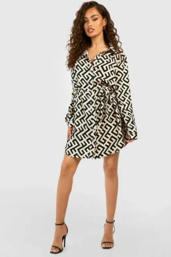 Shirt Dresses*boohoo Mono Printed Tie Waist Shirt Dress black