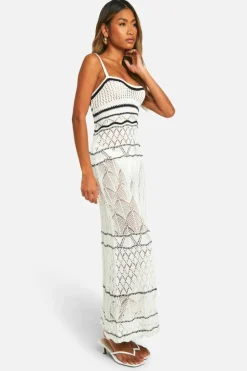 Maxi Dresses|Jumper Dresses*boohoo Monochrome Pointelle Knitted Maxi Dress white