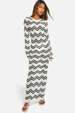 Jumper Dresses|Jumper Dresses*boohoo Monochrome Zig Zag Crochet Maxi Dress white