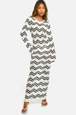 Jumper Dresses|Jumper Dresses*boohoo Monochrome Zig Zag Crochet Maxi Dress white