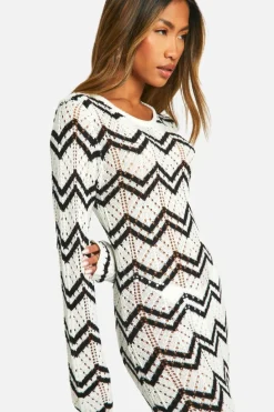 Jumper Dresses|Jumper Dresses*boohoo Monochrome Zig Zag Crochet Maxi Dress white