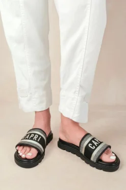 Sandals*Where's That From Moon' Flat Sandal With Text Detailing And Printed Sole Black