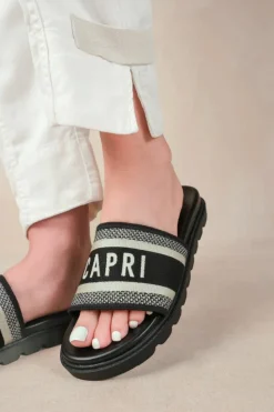 Sandals*Where's That From Moon' Flat Sandal With Text Detailing And Printed Sole Black