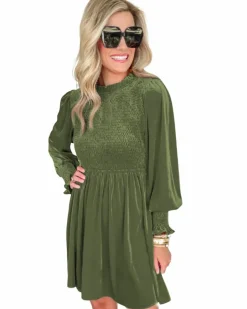 Smock Dresses*Azura Exchange Moss Green Frilled Neck Smocked Bodice Velvet Dress Multi