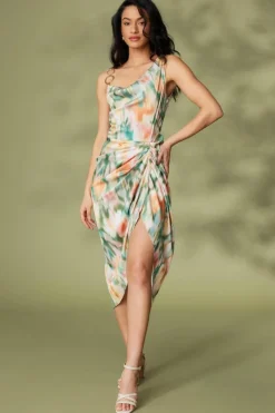 Midi Dresses*Quiz Satin Marble Print Ruched Midi Dress Multi