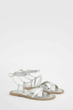 Sandals*boohoo Multi Strap Leather Wrap Up Sandals silver