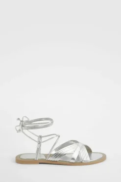 Sandals*boohoo Multi Strap Leather Wrap Up Sandals silver
