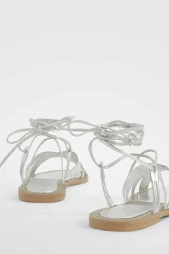 Sandals*boohoo Multi Strap Leather Wrap Up Sandals silver