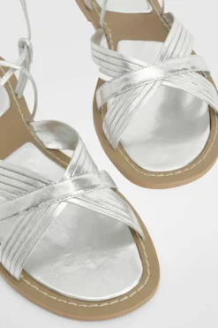 Sandals*boohoo Multi Strap Leather Wrap Up Sandals silver