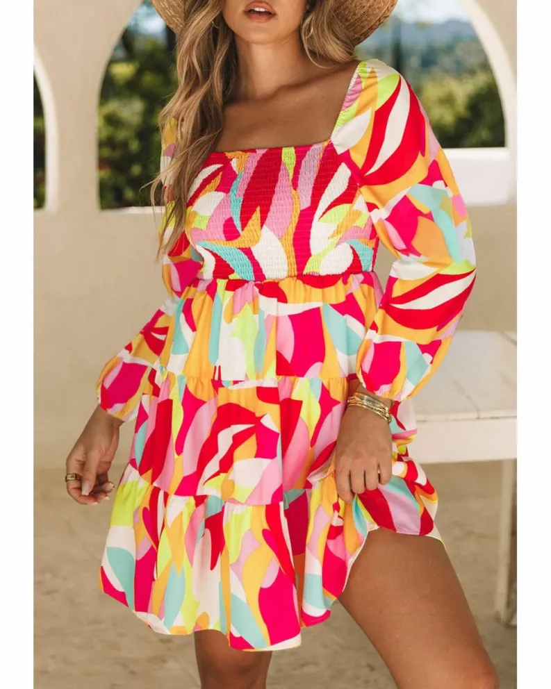 Smock Dresses*Azura Exchange color Abstract Print Puff Sleeve Smocked Square Neck Dress Multi